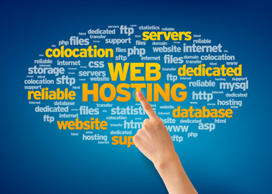 Hand pointing at a Web Hosting Word Cloud on blue background.